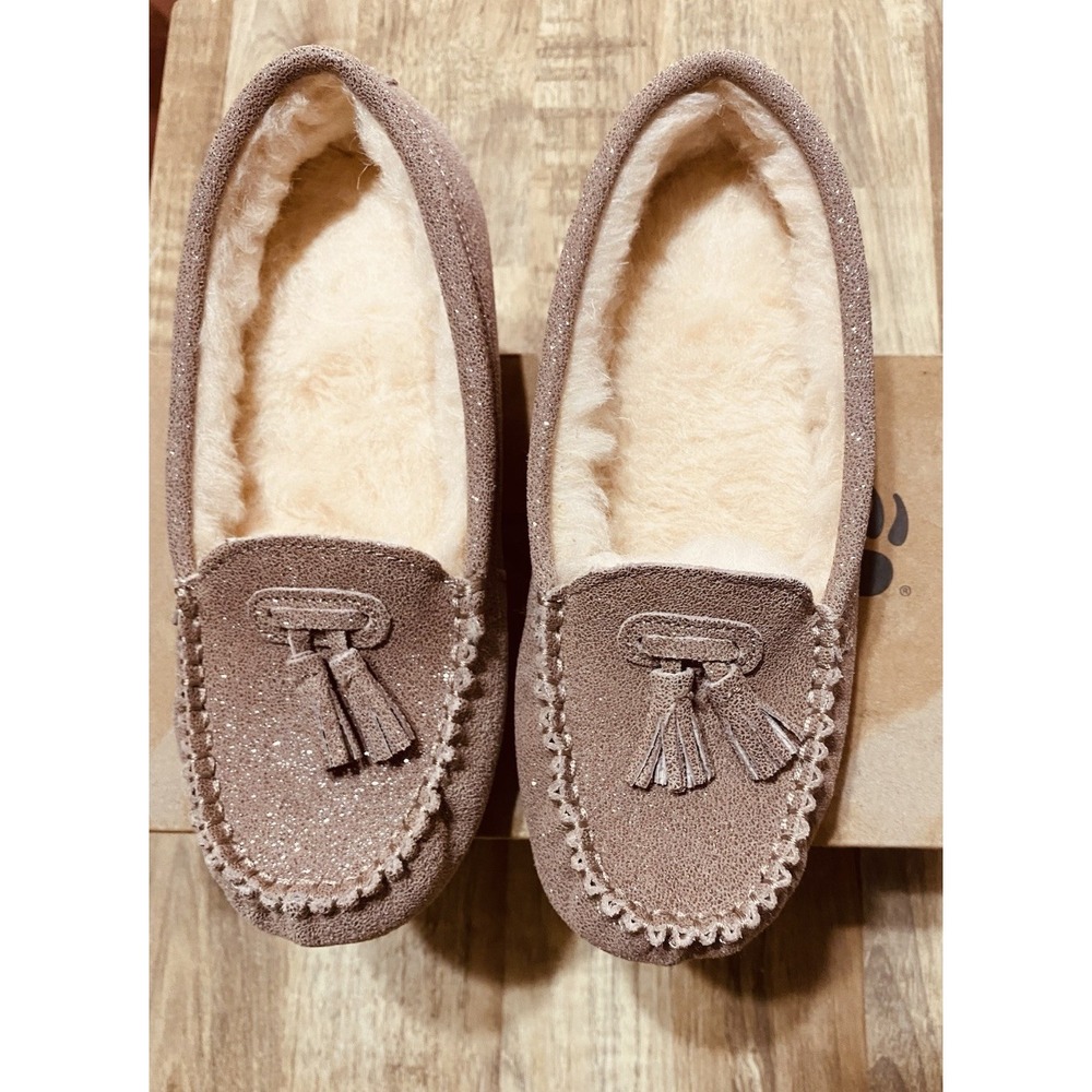 BEARPAW Women's Lucky Moccasin Taupe Caviar Glitter Size 8M Slip On With Box